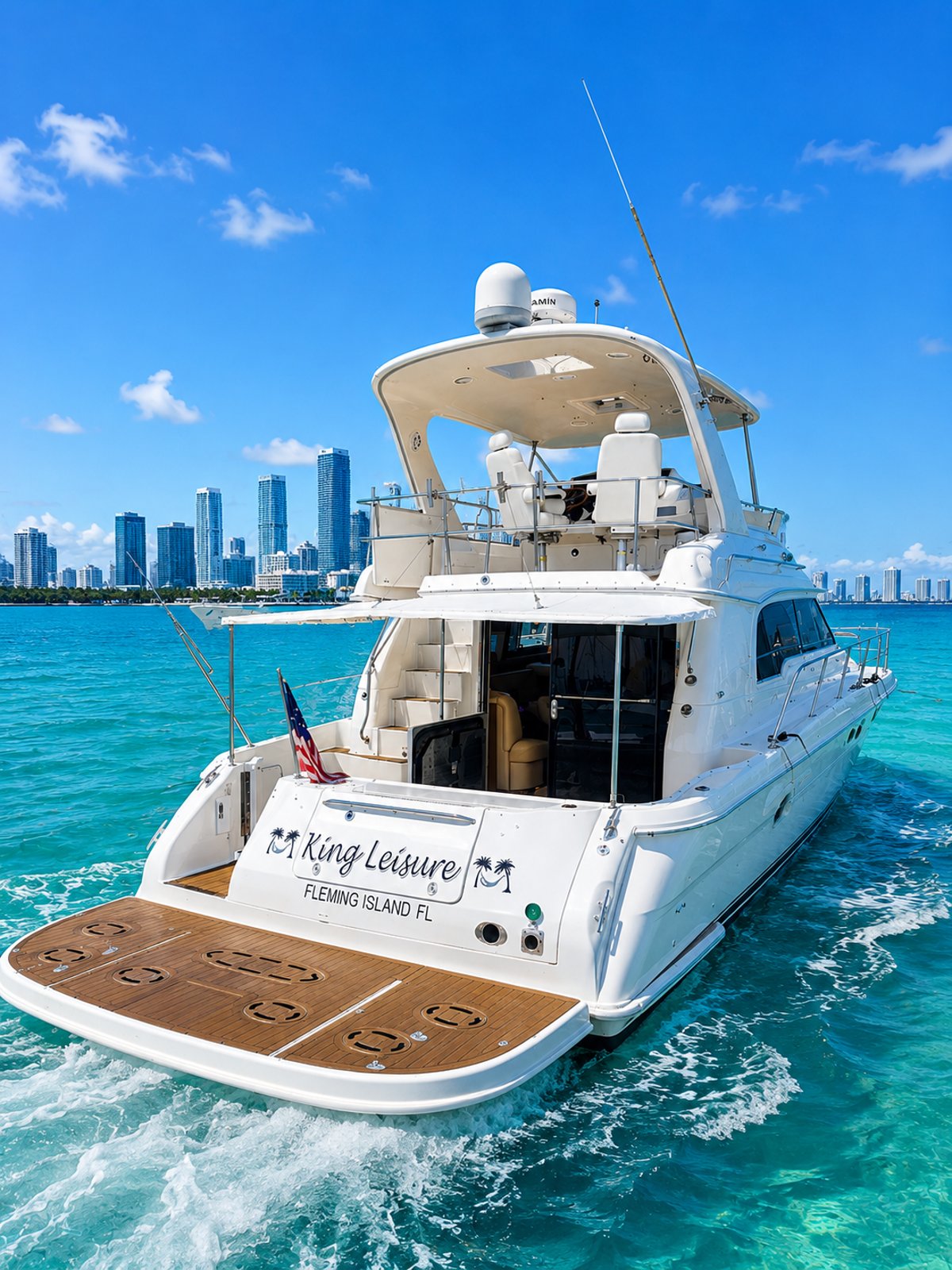 King Leisure stern view with Miami skyline