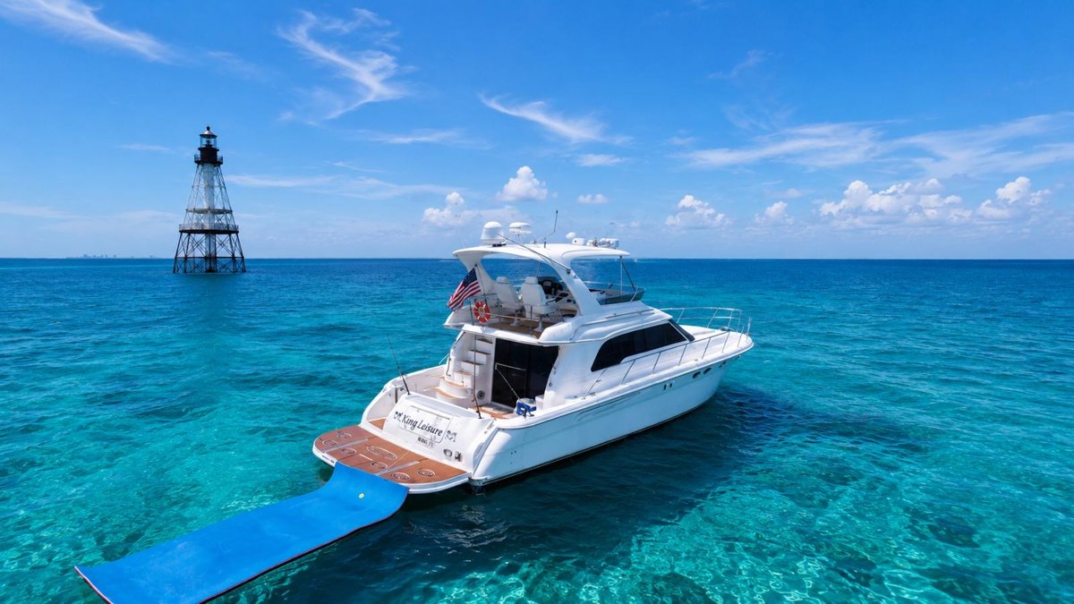 King Leisure anchored near a lighthouse in turquoise water
