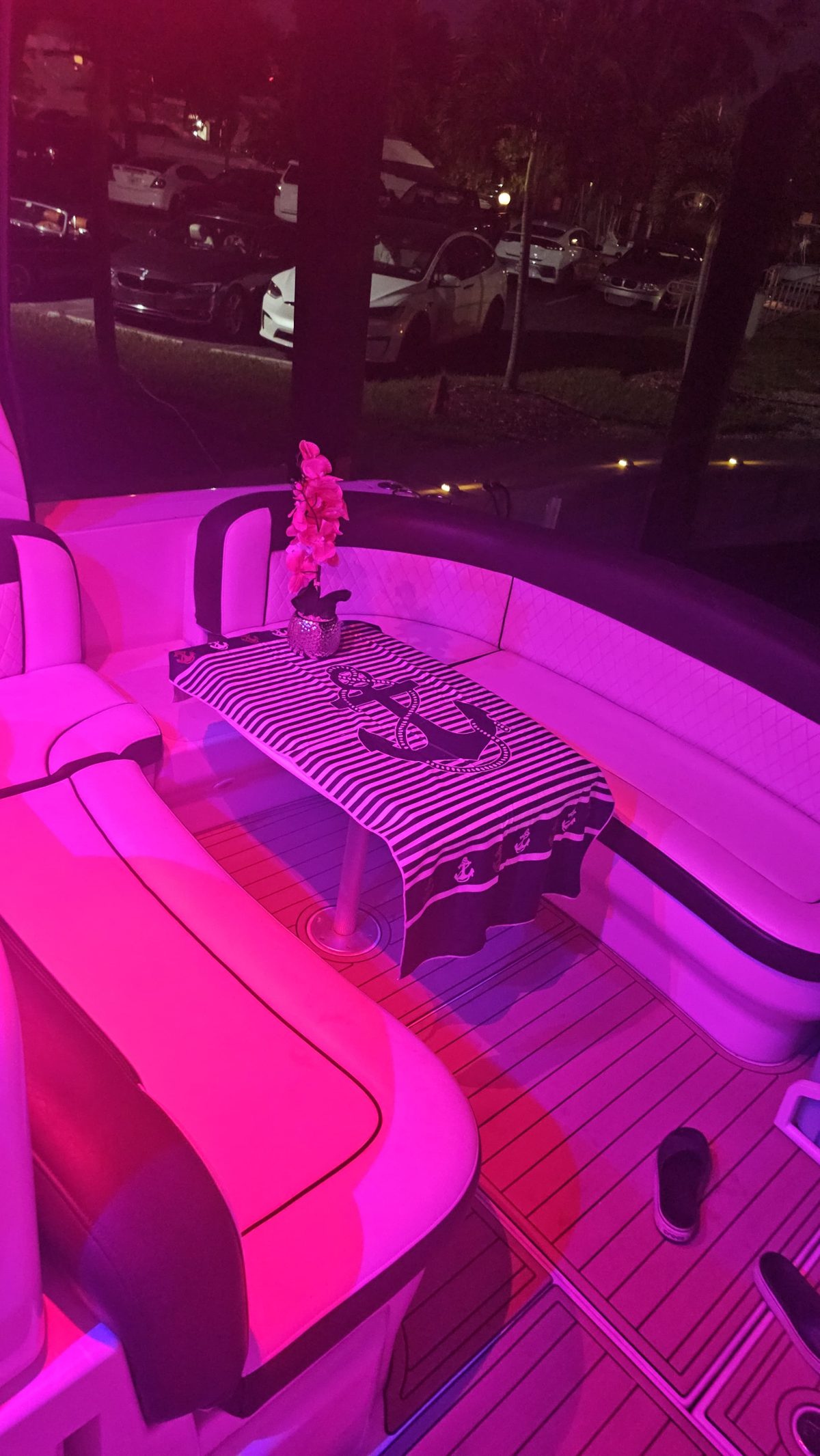 Sea Ray Sundancer cockpit lit up at night