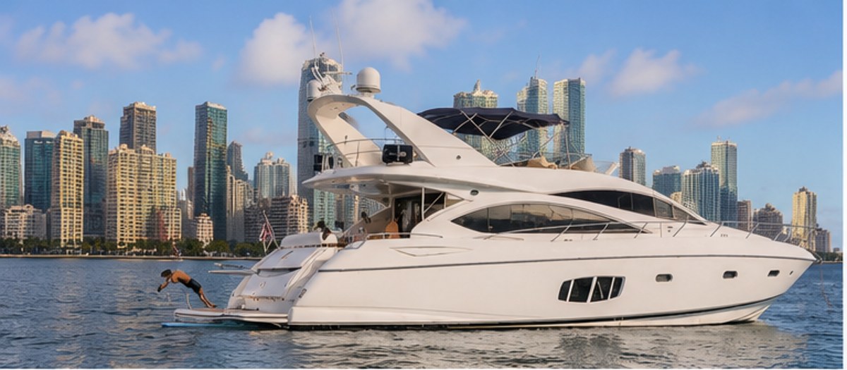 80' Sunseeker with Miami skyline behind