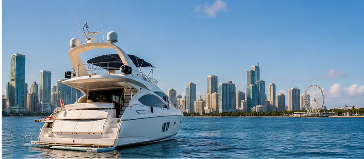 Sunseeker stern view, Miami skyline