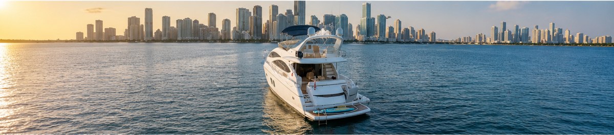 Sunseeker at sunset, Miami skyline