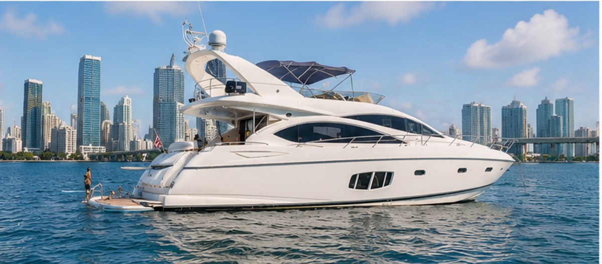 Sunseeker side profile, Miami skyline